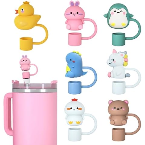 Animal Straw Covers Cap for Stanley Cup, Straw Topper for 30&40 Oz Stanley Tumbler with Handle,10mm 0.4in Reusable Straw Tips Lids Dust-Proof Topper for Water Bottle 7pcs Cute Pattern Cover