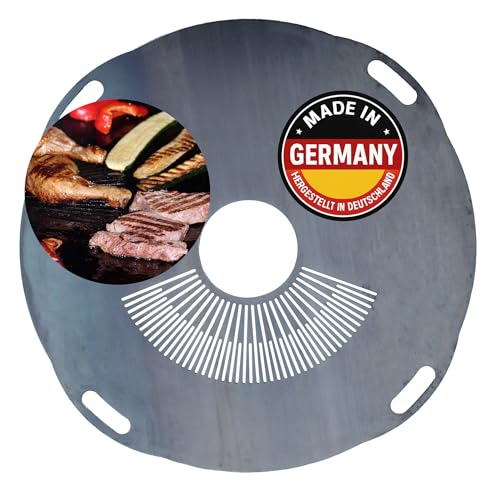 summersbay Premium Feuerplatte 80 cm - 5mm dick - Grillring & BBQ-Platte (mit Feinem Grillrost) & 4 Handgriffen - Ultimatives Grilldisk-Erlebnis für Feuertonnen & Feuerring