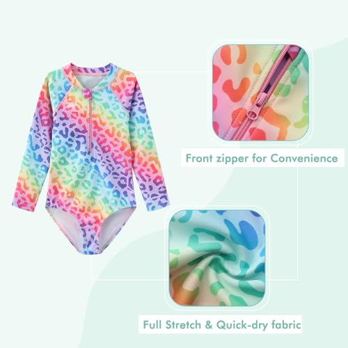 Image of Moon Tree Girls One Piece Swimsuits Long Sleeve Rash Guard Zipper Front Bathing Suit UPF 50+