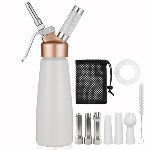 Siphon chantilly professionnel 0,5 litre en alliage d'aluminium avec dessus doré et 6 embouts de décoration pour crème fouettée maison (blanc)