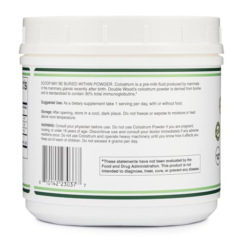 Double Wood Supplements Bovine Colostrum Powder for Women and Men, for Gut Health, Skin & Hair, Immune Support (120 Grams, 60 Day Supply - Standardized to 30% Total Immunoglobulins and 60% Protein)