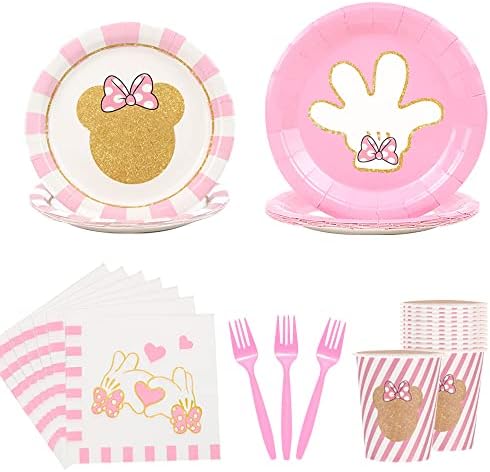 120Pcs Minnie Birthday Party Supplies Plates Napkins Cups Forks Tableware Set Minnie Mouse Themed Disposable Tableware Decoration Serves 24 Guests for Kids Girls Party Decorations