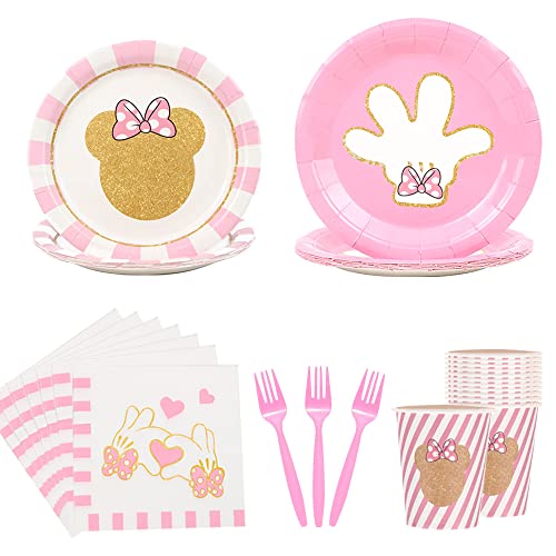 120Pcs Minnie Birthday Party Supplies Plates Napkins Cups Forks Tableware Set Minnie Mouse Themed Disposable Tableware Decoration Serves 24 Guests For Kids Girls Party Decorations #TOP1