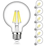 60W-75W Equivalent G25 Dimmable LED Edison Globe Light Bulbs, 800LM Super Bright, 4000K Daylight White, E26 Standard Base, Clear Glass, Bathroom Vanity Mirror Light, 6-Pack