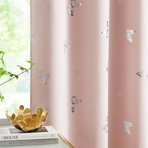 Jubilantex Butterfly Blackout Curtains Pink Silver 95" Long for Girls Bedroom Living Room Nursery Window Curtains with Black Layer,Grommet Top - Image 2