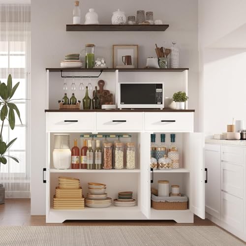 GarveeHome Farmhouse Sideboard Buffet Cabinet with Microwave Stand, Barn Doors Buffet Storage Cabinet with Drawers and Shelves, Wood Coffee Bar Pantry for Kitchen, Dining Room, Living Room, White