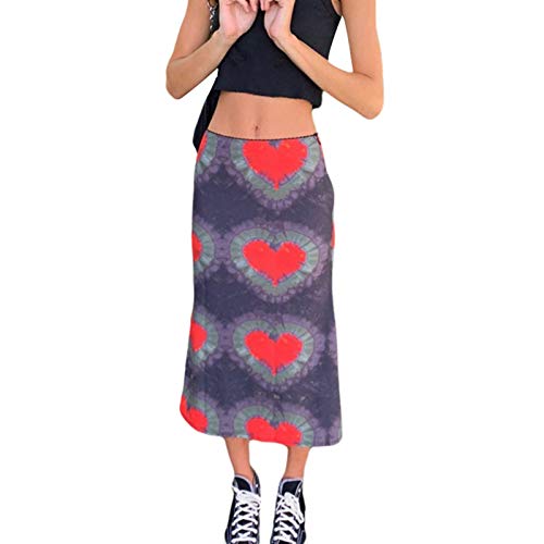 Falda midi con estampado de corazón para mujer, cintura alta, fal...