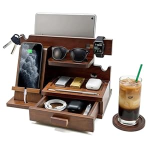 Wooden Desk & Bedside Table Organiser with Men’s Bedroom Accessories Drawer – All-in-One Stand for Keys, Wallet, Watch | Birthday, Father’s Day, Valentine‘s Day Gifts for Men, Him, Dad, Husband-small