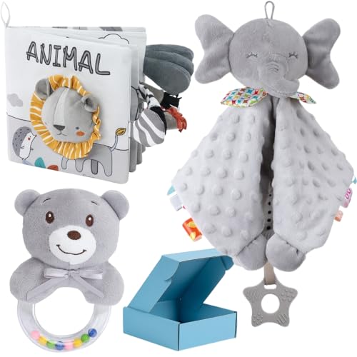 Megaser 3 PCS 3 Cadeau Bébé Nouveau-né Garçon et Fille, Couverture Doudou et Peluche + Livre Sensoriel Textures Douces + Hochet, Cadeau Bébé Nouveau-né 0 6 12 Mois Original (3 Jouets)