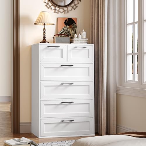 Image of BOTLOG 6 Drawer White Dresser, Tall White Dresser with Large Storage Space, Modern Wood Storage Chest of Drawers, for Living Room, Hallway, Entryway