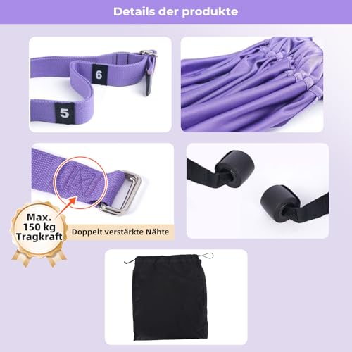 [Domial] Yoga Schaukel für die Tür (Ohne Bohren) - Yogatuch zum Aufhängen, Aerial Yoga Tuch für Anfänger & Dehnungsband - Verstellbares Turnband für Stretching, Pilates & Spagat Lila
