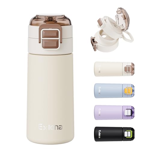 Exllena Small Insulated Water Bottle 400ml with Pop-Open Soft Straw & Spout 2-in-1 Lid, Kids Insulated Water Bottle Leak Proof for Cold&Hot Drinks, BPA-Free, Ideal for School, Handbag, Sport(Beige)
