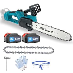 Akku Kettensäge, 12 Zoll Elektro-Motorsäge mit 2x 5.5Ah Batterien, 18V Handkettensäge mit Ketten, Schutzbrille und Handschuhe