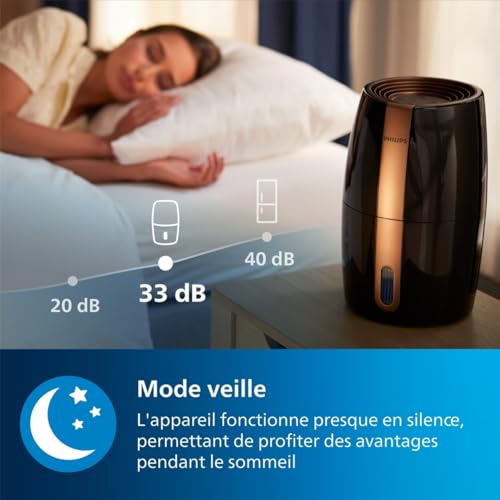 Philips Humidificateur Série 2000, NanoCloud, 99,97% bactéries en moins, 200 ml/h, Réservoir 2L, Ultra silencieux (33 dB), Capteur, 3 vitesses, Modes Auto et Nuit, Minuterie, Noir (HU2718/10)