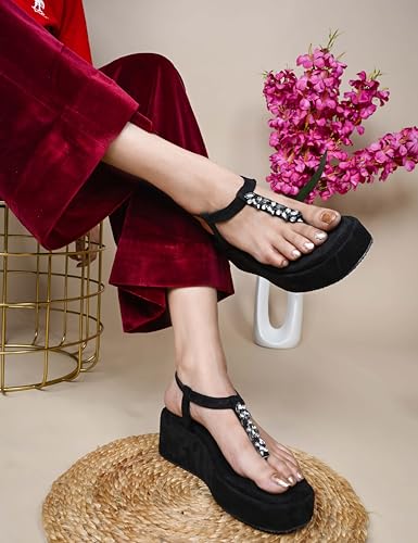 Image of TRYME T-Strap Embellished Wedges Heel Sandals for Women | Soft Suede Comfort Slip-On Sandals for Wedding, Festive & Elegant Styling