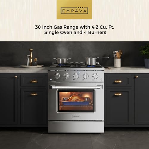 Image of Empava Gas Range, Convection Oven 4.2 Cu. Ft with 4 Deep Recessed Burners Cooktop, Heavy Duty Continuous Grates in Stainless Steel, Freestanding & Slide-in,30.05 Inch