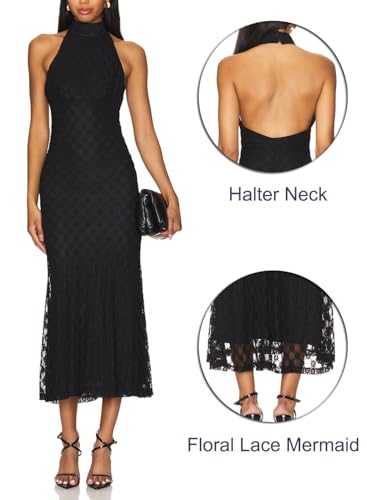 JLCNCUE Women's Elegant Halter Neck Floral Lace Mermaid Maxi Dress Sleeveless Open Back Cocktail Wedding Guest Dress 3993
