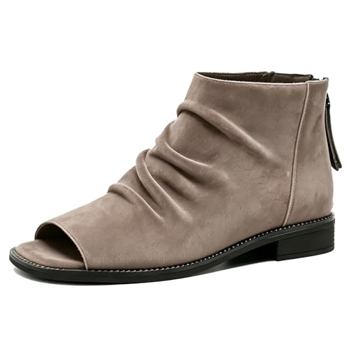 AMBLORITE Women Taupe Flat Sandals Ankle Booties Open Square Toe
