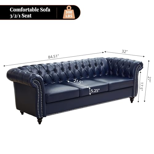 Image of LEVNARY Chesterfield Sofa, 3 Seater Tufted Couch for Living Room, Classic Button Tufted Upholstered Sofa, Modern Mid-Century PU Leather Sofa (Blue)