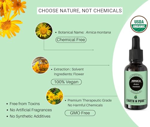 Image of Earth N Pure Arnica Montana Oil Cold Pressed, Natural and Therapeutic Grade with Glass Dropper -100 ml