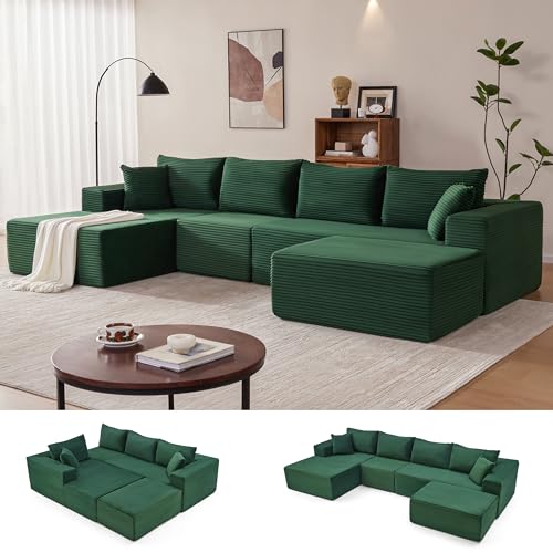 Image of Mangodan 140 inch Cloud Sectional Couch, Modular Sectional Sofa with Deep Seat, Boneless Sofa for Living Room, Fluffy Comfy U-Shaped Couch with Left Facing Chaise, No Assembly Required, Green