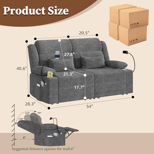 Image of CHABATREE Home Theater Seating，RV Reclining Sofa Set with Adjustable Headrest， Recliner Sofa with Heat and USB&Type-C, Dawer & Cup Holders, 150 Recline for RV & Living Room(Loveseat Grey)