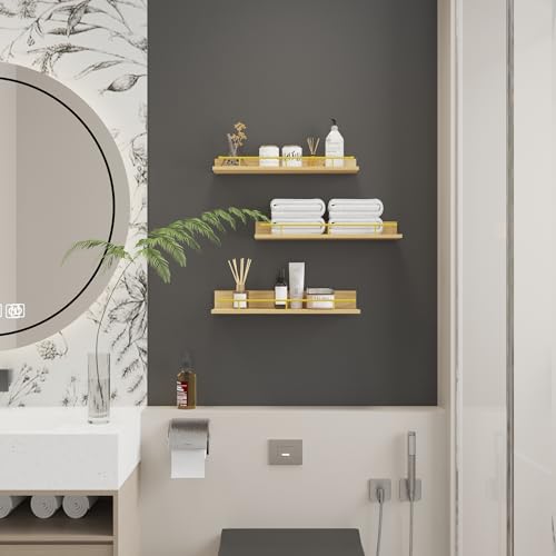 Miniatura 4 de Rlavbl Conjunto De Estanteria Pared De Madera Con Barrotes De Hierro Dorado, Juego De 3 Baldas Pared De Diferentes Tamaños, 40cm - Ideal Para Almacenamiento En Cocina, Baño Y Salón.