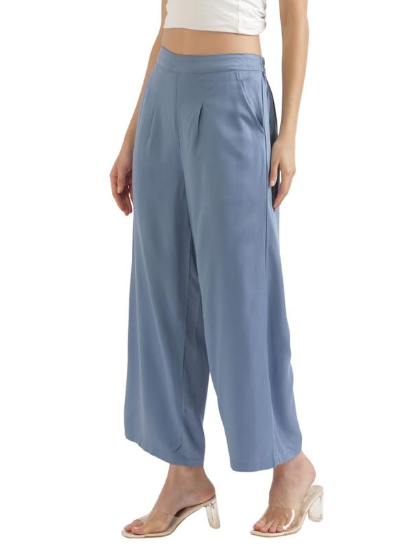 Image of SAADAA Women's Linen Blend Long Kurta with Viscose Palazzo Set | Straight Fit Kurta with Wide Leg Palazzo | Solid Ethnic Co-ord Set for Office & Casual Wear