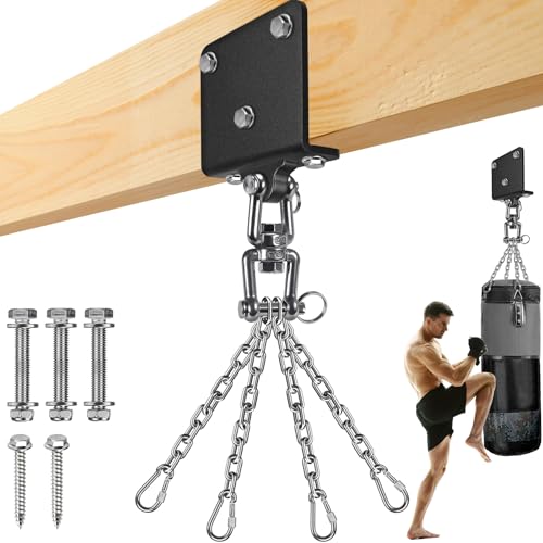 SELEWARE 360 Rotation Punching Bag Hanger 1000LB Capacity Heavy Bag Beam Mount with Stainless Steel Swivel Chain and 4 Snap Hooks, Heavy Duty Boxing Bag Wood Beam Mount for Heavy Bag, Gym Swing