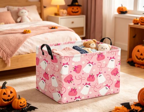 Image of Halloween Basket Cute Baskets for Kids Pumpkin Basket Rectangular Storage Bin Organizer Box Room Decor(Pink Bowknot Ghost)