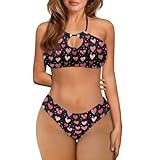 Tomeusey Women Valentine's Day Bikini Set 2 Piece Halter Strap Chest Hollow Top Triangle Thong Swimsuit Bathing Suit for Women, Pink Heart Dot Print