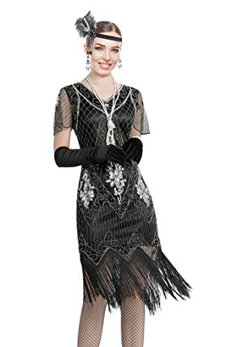 Image of Women 1920s Gatsby Vintage Sequin Flapper Fringe Party Plus Dress with 20s Accessories Set