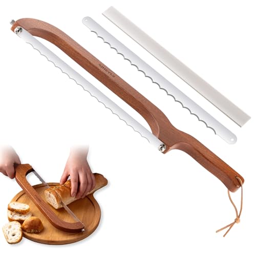 XJHEYLZ Sourdough bread knife,Bread Slicer for Homemade Bread,Adjustable blade tightness for Even Slicing, Serrated knife,Wooden Bread cutter with Bow Design (3, Red-brown color)