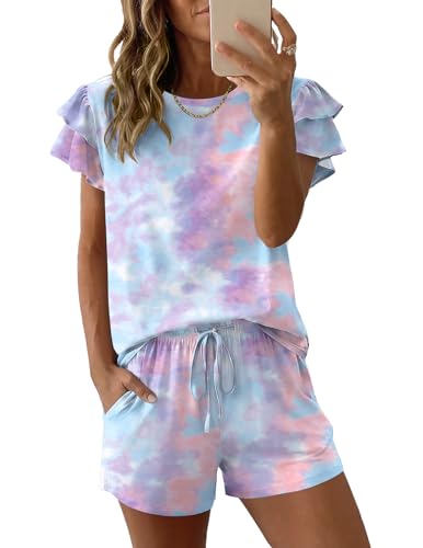 Image of Ekouaer Womens Pajama Sets 2 Piece Ruffle Sleeves Top and Shorts Pjs