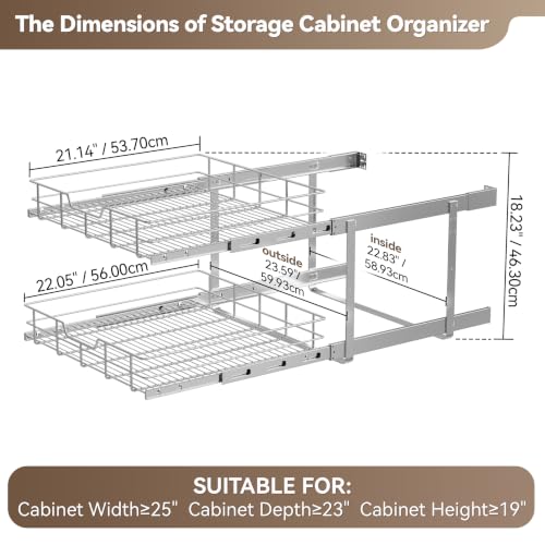 Image of 2 Tier Pull Out Cabinet Organizer 24 inch W X 22 inch D, Chromed, Full Slide Out