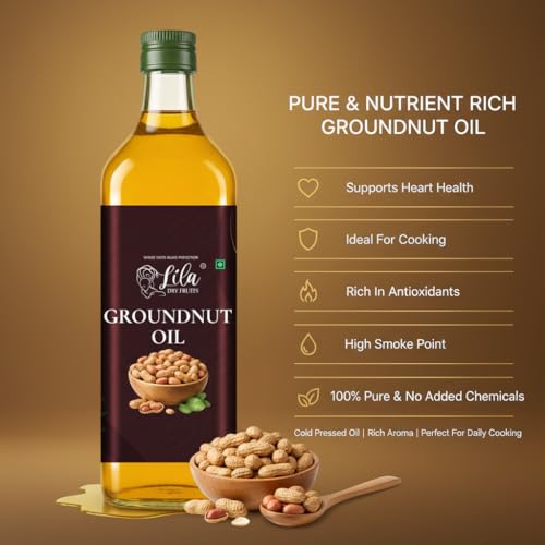 Image of LILA DRY FRUITS Groundnut Oil 1 L (500 ML x 2) Cold Pressed Peanut Oil for Cooking Natural Moongfali ka Tel for Frying, Tadka & Daily Kitchen Use, Kacchi Ghani Cholesterol Free Ground Nut Oil Chemical-Free
