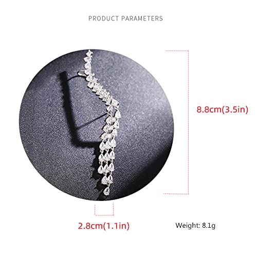 1Pc Of Cz Long Fringe Cuff Crystal Stud Earring Right Ear Crawler Climber For Women Girls Bridal 925 Sterling Silver Post Pin Dainty Rhinestone Tassel Chandelier Drop Dangle Statement Wedding Jewelry #TOP4