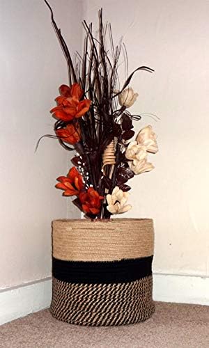 Jute Rope Woven Plant Basket - 28 cm/ 11 Inch | Round Beige & Black Multipurpose Storage Basket for Home Decor, Indoor Floor Plant & Laundry | For Modern New Home Gifts, Plant Lovers Presents