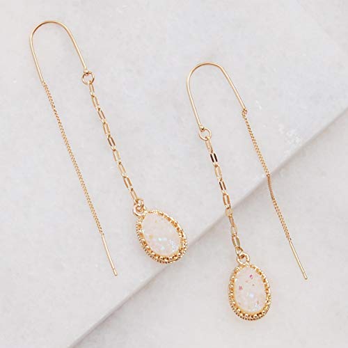 Humble Chic Simulated Druzy Chain Bar Threaders - Long Sparkly Needle Drop Earrings For Women, Gold - White Created Opal, Simulated Clear Rock Quartz, Opalite, Sparkly Opalescent #TOP2