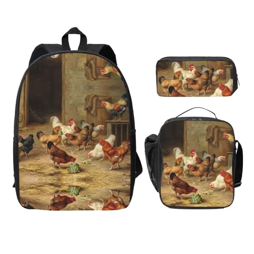 Sac à dos poules de la ferme ensemble scolaire 3 pièces léger avec trousse noir
