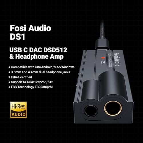 Image of Fosi Audio DS1 USB C DAC Headphone Amp DSD512 ES9038Q2M HiFi Mini Audio Adapter Supports 32bit /768kHz with 4.4MM and 3.5MM Dual Headphones Outputs Compatible with Smartphones /Laptop /PC /Music Players