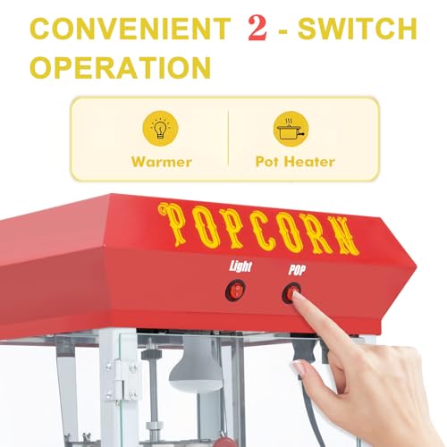 Image of Popcorn Machine (Red) - Countertop Popcorn Maker - Vintage Popcorn Popper with 6 Oz Auto-Stir Kettle, No cart & Stand, Makes Up to 20 Cups for Movie /Home Theater, Parties, Restaurants Snack