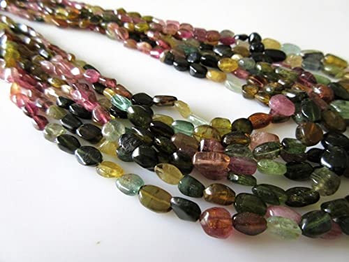 LKBEADS Wielowarstwowy naszyjnik turmalinowy, zielone różowe turmalinowe gładkie owalne koraliki, każdy od 5 mm do 9 mm, 7 pasm 40 cm