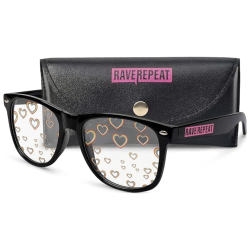 Rave Repeat Diffraction Glasses Premium Eyewear Rave Glasses with Rainbow Heart Light Effect for Music Festival EDM Concerts & Night Parties Comfortable Crazy Party Glasses for Men & Women Black