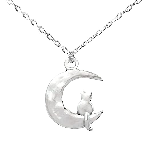 Li-Jacobs Cat on the Moon Necklace: Silver Crescent Charm for Cat Lovers - Gift for Her Birthday, Christmas, Mother's Day, Valentines Day