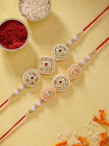 Image of Sukkhi Rakhi Traditional Kundan & Pearls Designer Meenakari Gold Plated Premium Rakhi for Brother with Roli Chawal & Greeting Card | Rakhi for Brother /Bhaiya /Bhai /Men|Rakhi Combo-Set of 2
