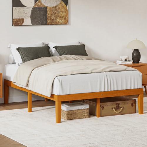 DUMOS Queen Solid Bed Frame Wood 16 Inches Sturdy Platform Bed with Heavy Duty Wooden Slat Support No Box Spring Needed Easy Assembly Natural Pine