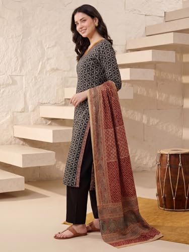 Image of INDO ERA Women's Pure Cotton Abstract Printed Mirror Work Kurta & Pant with Dupatta Set (IEAI13205)|Cotton Suits For Women With Dupatta
