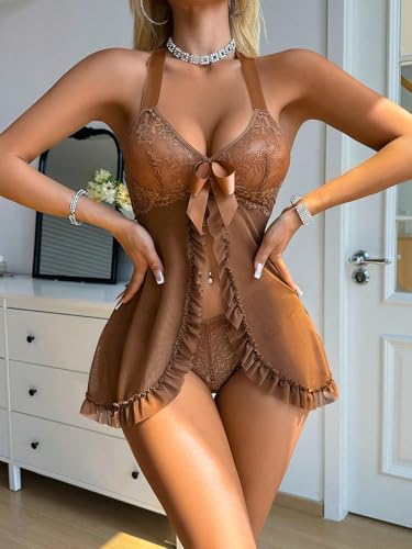 Image of Foxiny Sexy Halter Open Front Ruffle Sheer Mesh Lace Babydoll Lingerie Dress with Thong 2 Piece
