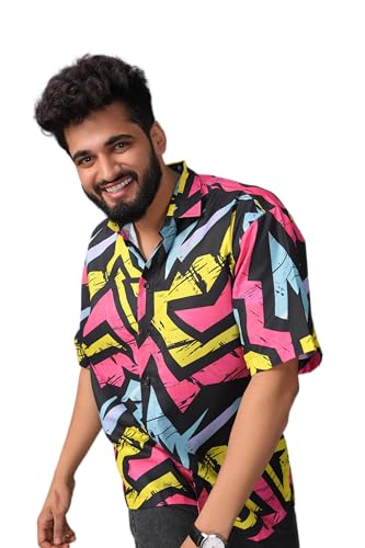 Image of Half Sleeve Relaxed Fit Men's Casual Shirt | Cotton Blend Oversized Shirts for Men Loose fit | Oversized Printed Shirts for Men | Men's Half Sleeve Relaxed Fit Shirt Fashion